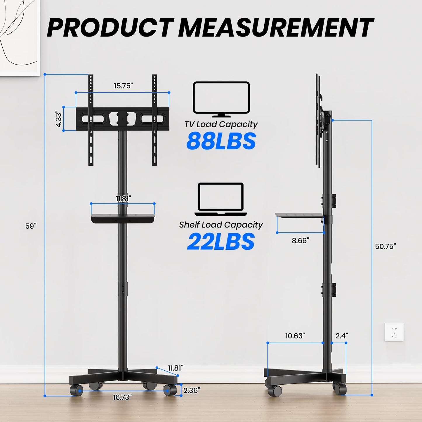 Xyndyx Mobile TV Cart for 23-60 Inch LCD LED OLED Flat Curved Screen Outdoor TVs Height Adjustable Rolling TV Cart Floor Stand with Shelf and Locking Wheels Up to 88lbs Monitor TV Max VESA 400x400mm