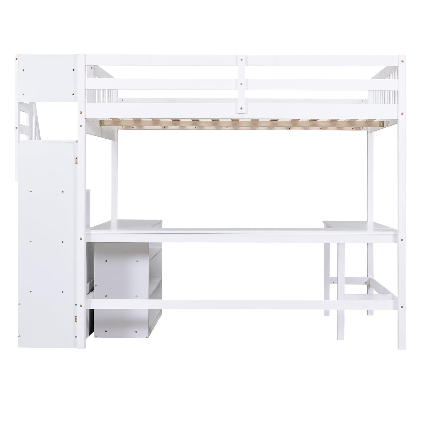 BOVZA Full Size White Loft Bed with Storage Stairs, L-Shaped Desk, and 3-Tier Bookcase for Kids and Teens