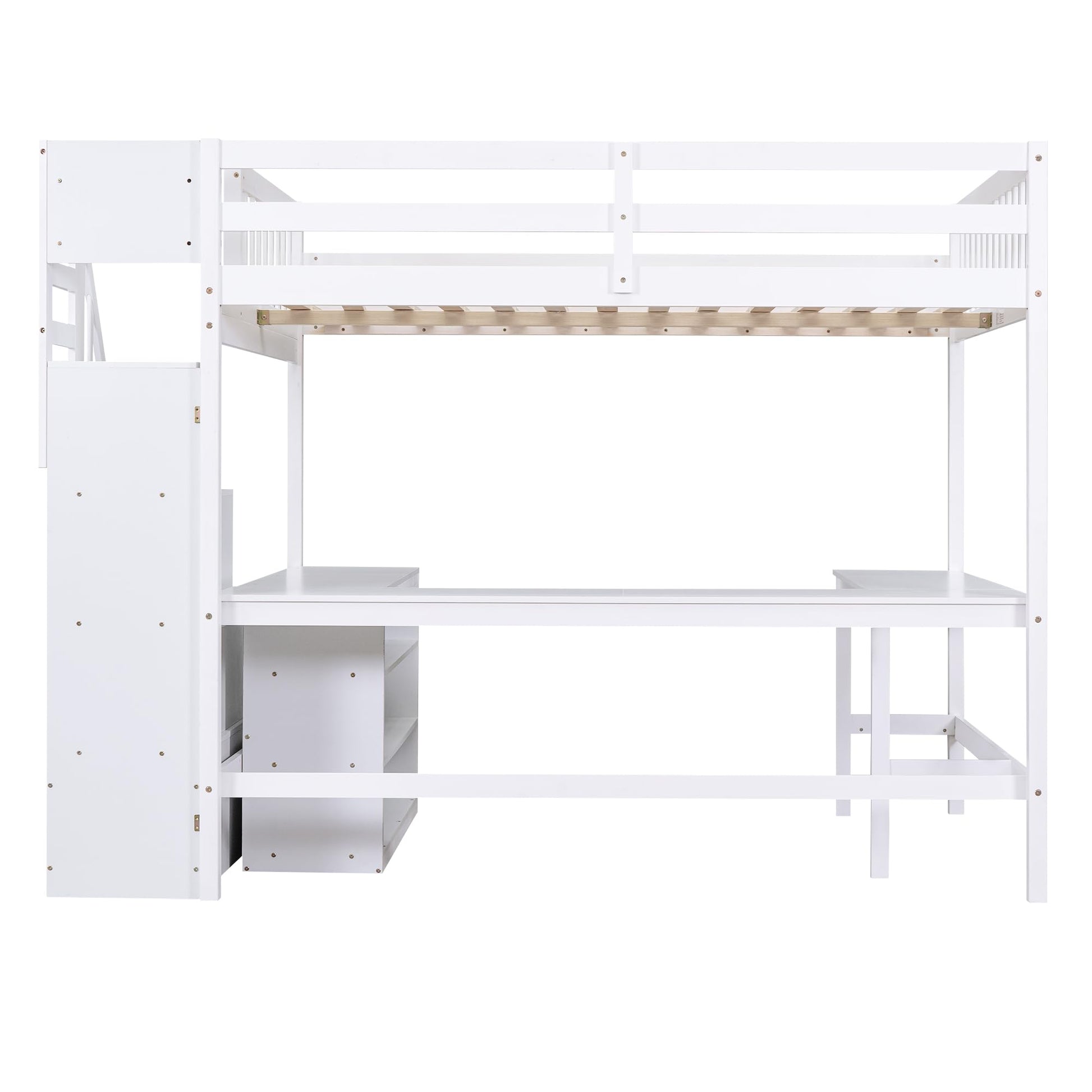 SOFTSEA White Full Loft Bed with L-Shaped Desk and Storage Stairs - WoodArtSupply