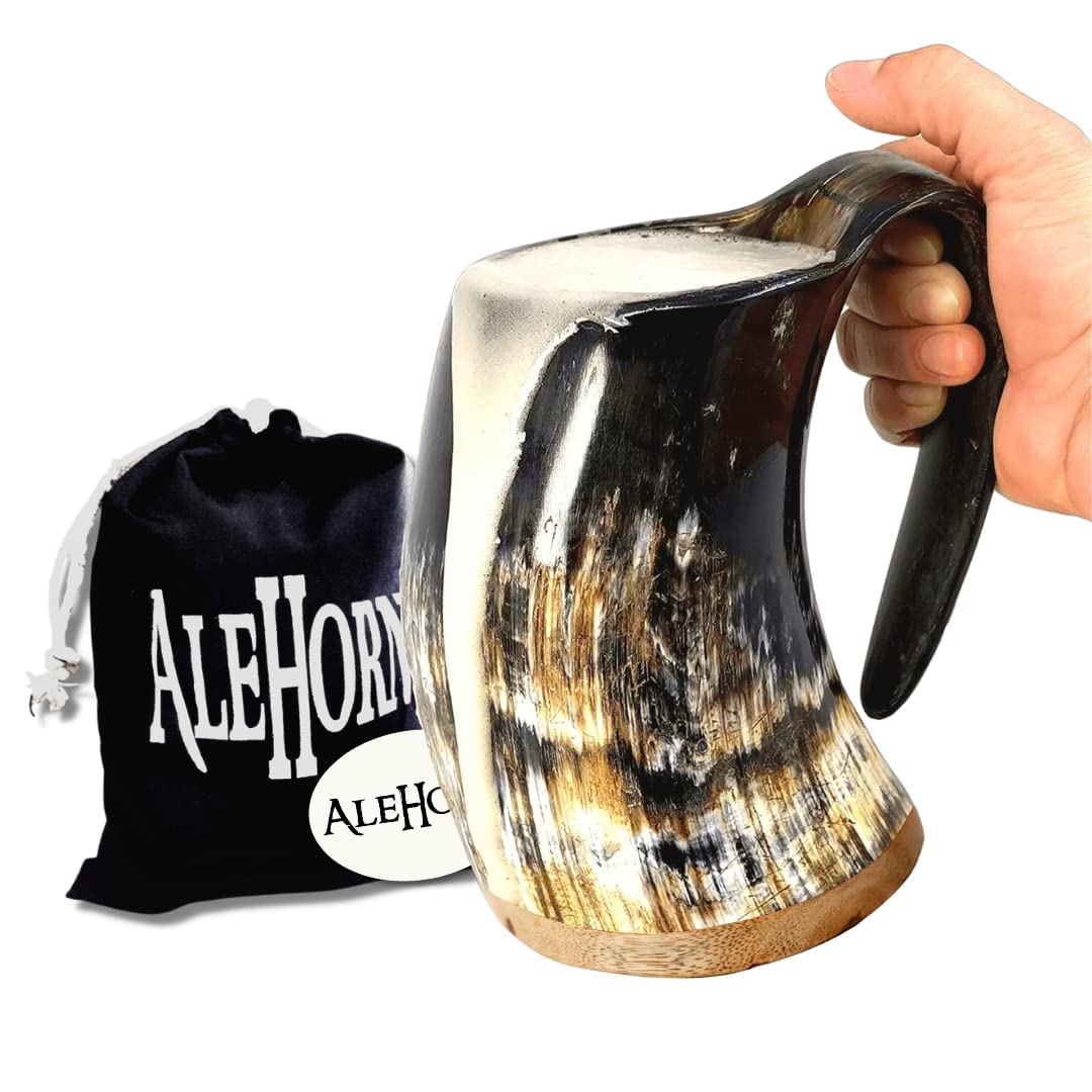AleHorn Original Handcrafted Authentic Viking Drinking Horn Tankard for Beer Mead Ale - Genuine Medieval Inspired Stein Mug Food Safe Vessel with Handle (24oz) AleHorn