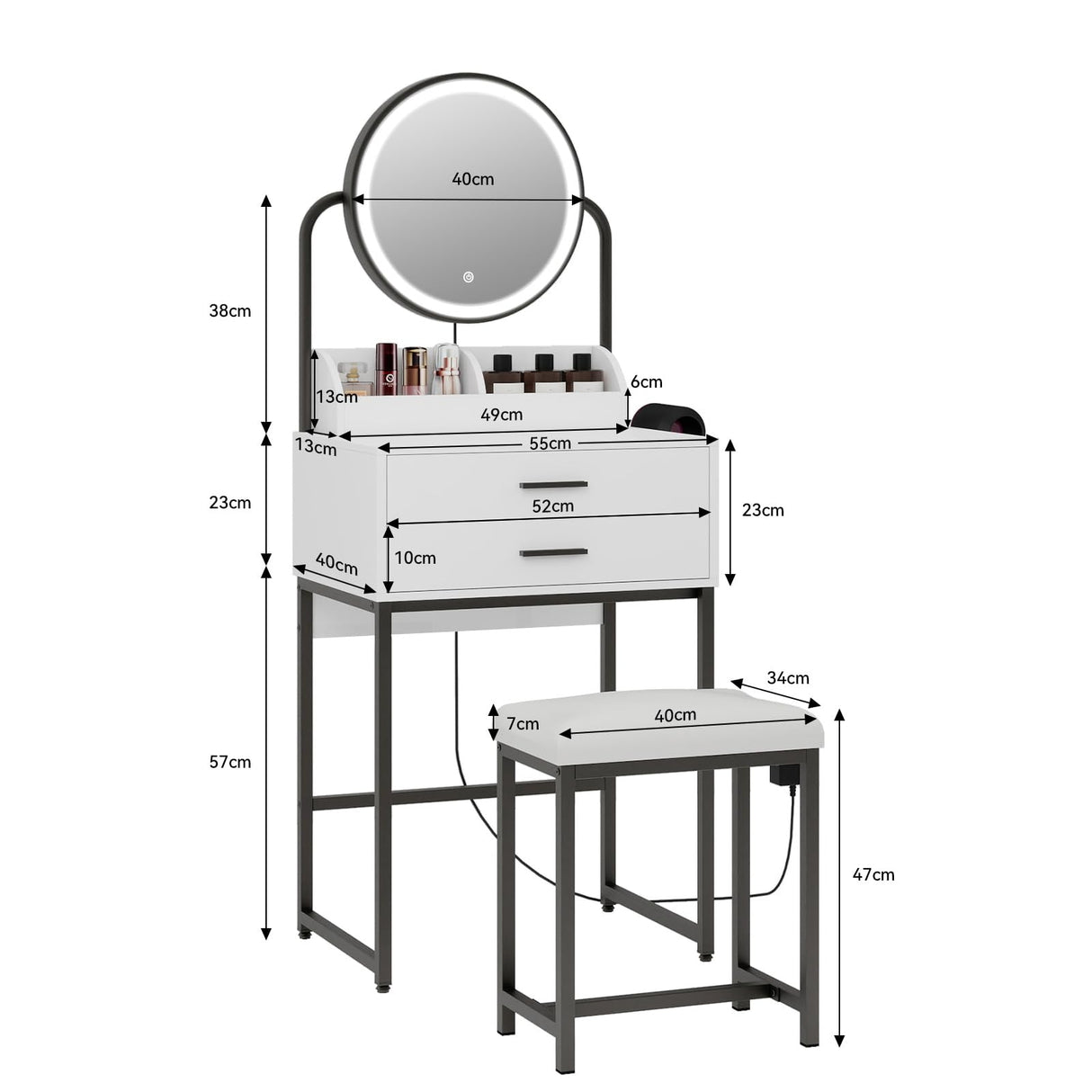 ARTETHYS Small Vanity Desk with Mirror and Lights Compact Makeup Vanity Set with Drawers for Bedroom Mini White Modern Dressing Table with Chair ARTETHYS