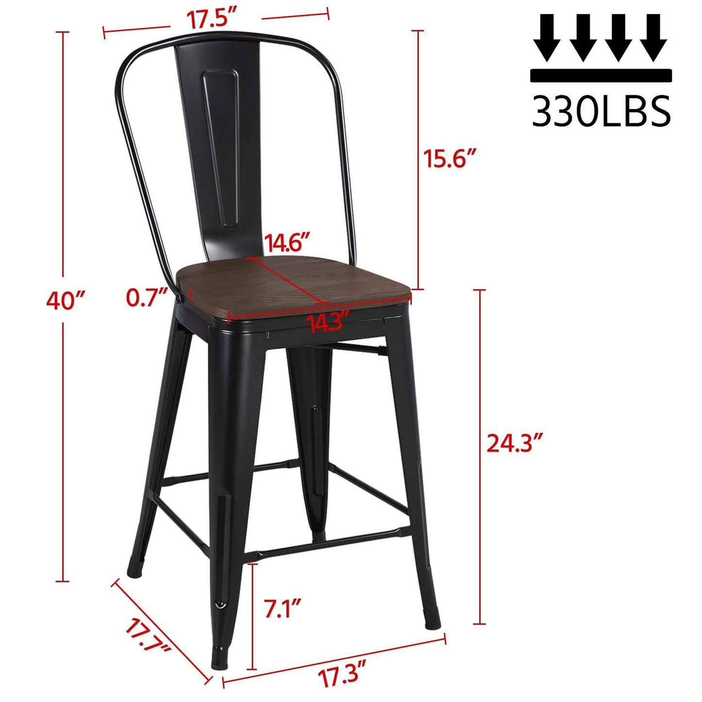 Yaheetech 24Inch Seat Height Dining Stools Chairs with Wood Seat/Top and High Backrest, Industrial Metal Counter Height Stool, Modern Kitchen Dining Bar Chairs Rustic, Black, Set of 4