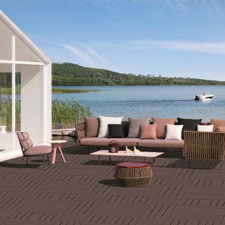 domi outdoor living Patio Deck Tiles, 12 x 12 inches Composite Interlocking Decking Tile, Four Slat Plastic Outdoor Flooring, 27 Pieces One Pack, Dark Brown domi outdoor living