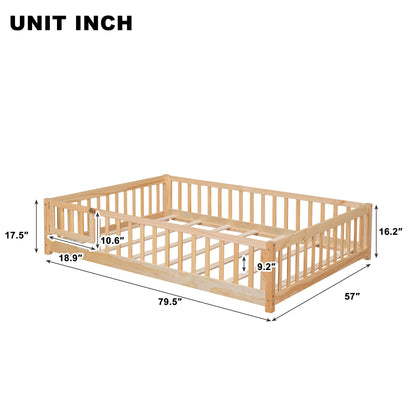 Bellemave Natural Full Size Montessori Floor Bed with Door and Safety Fence for Kids - WoodArtSupply