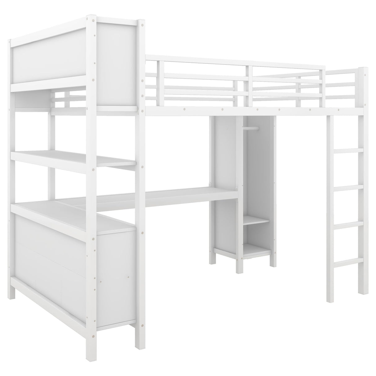 Full Size Loft Bed with Wardrobe and Storage Cubes, Heavy Duty Loft Bed with Desk, Storage Shelf and Guardrail, White Bellemave