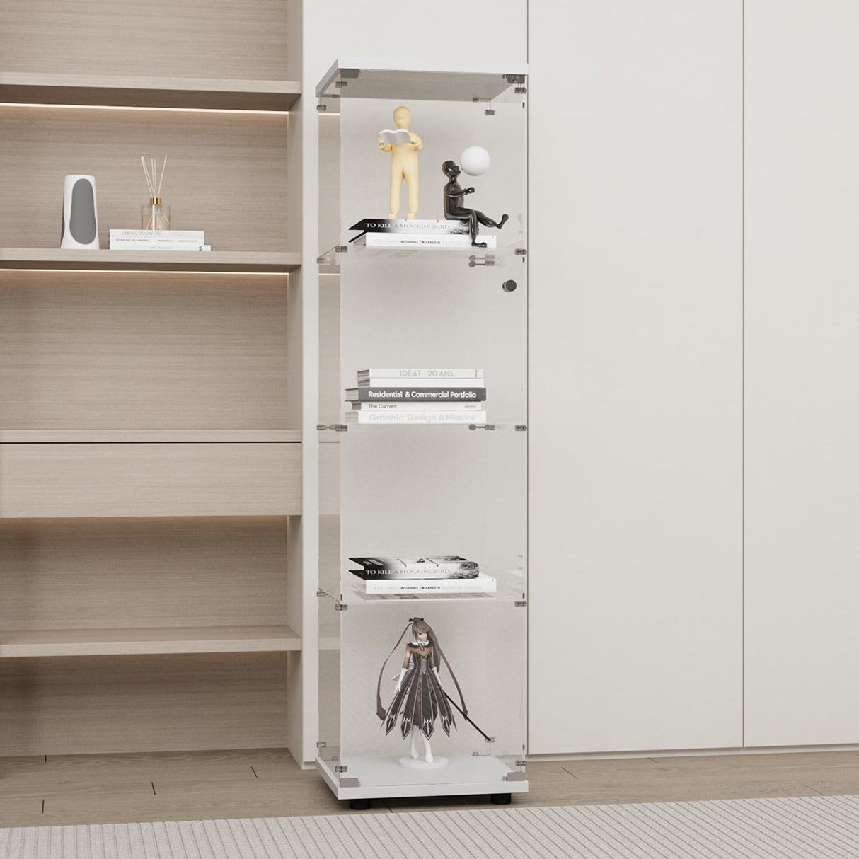 GDJAASJI Display Cabinet with Glass Door and Lock, 4-Shelf Fast Installation Curio Cabinets with 5mm Tempered Glass Floor Standing Bookshelf for Bedroom, Living Room (64" Hx 16.7" W x 14.3" D, White) GDJAASJI