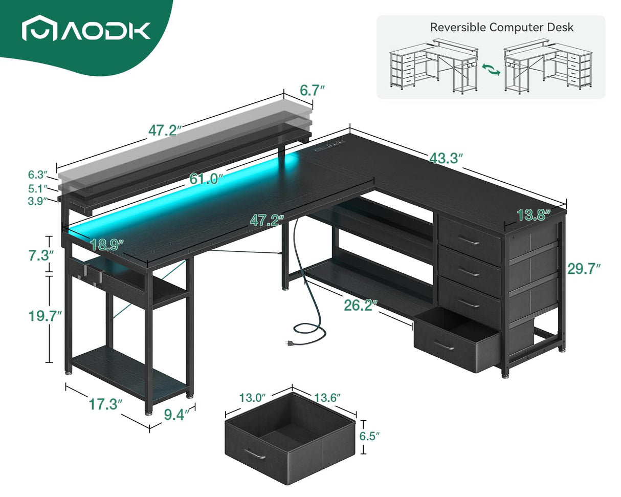 AODK 61" L Shaped Desk with Drawer, Computer Desk with Power Outlets & LED Lights, Reversible Corner Gaming Desk for Home Office Workstation, Office Desk with Monitor Shelf, Pure Black AODK