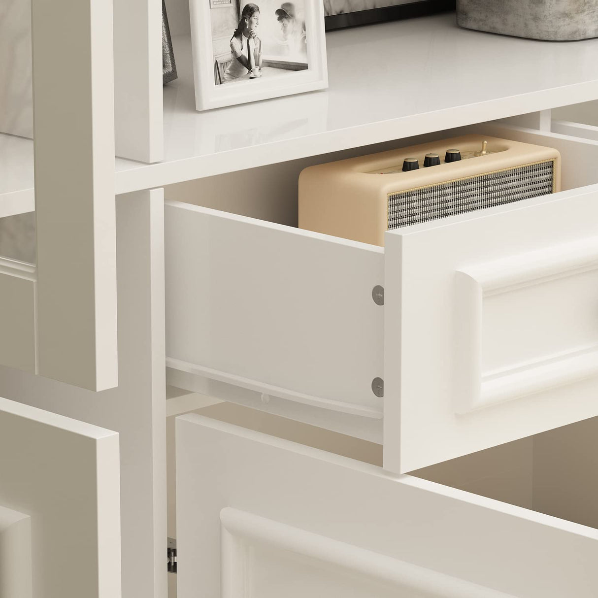 Homsee Elegant Tall Bookcase with Glass Doors, 15 Compartments & Storage Drawers in White Homsee