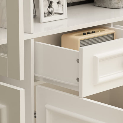 Homsee Elegant Tall Bookcase with Glass Doors, 15 Compartments & Storage Drawers in White - WoodArtSupply