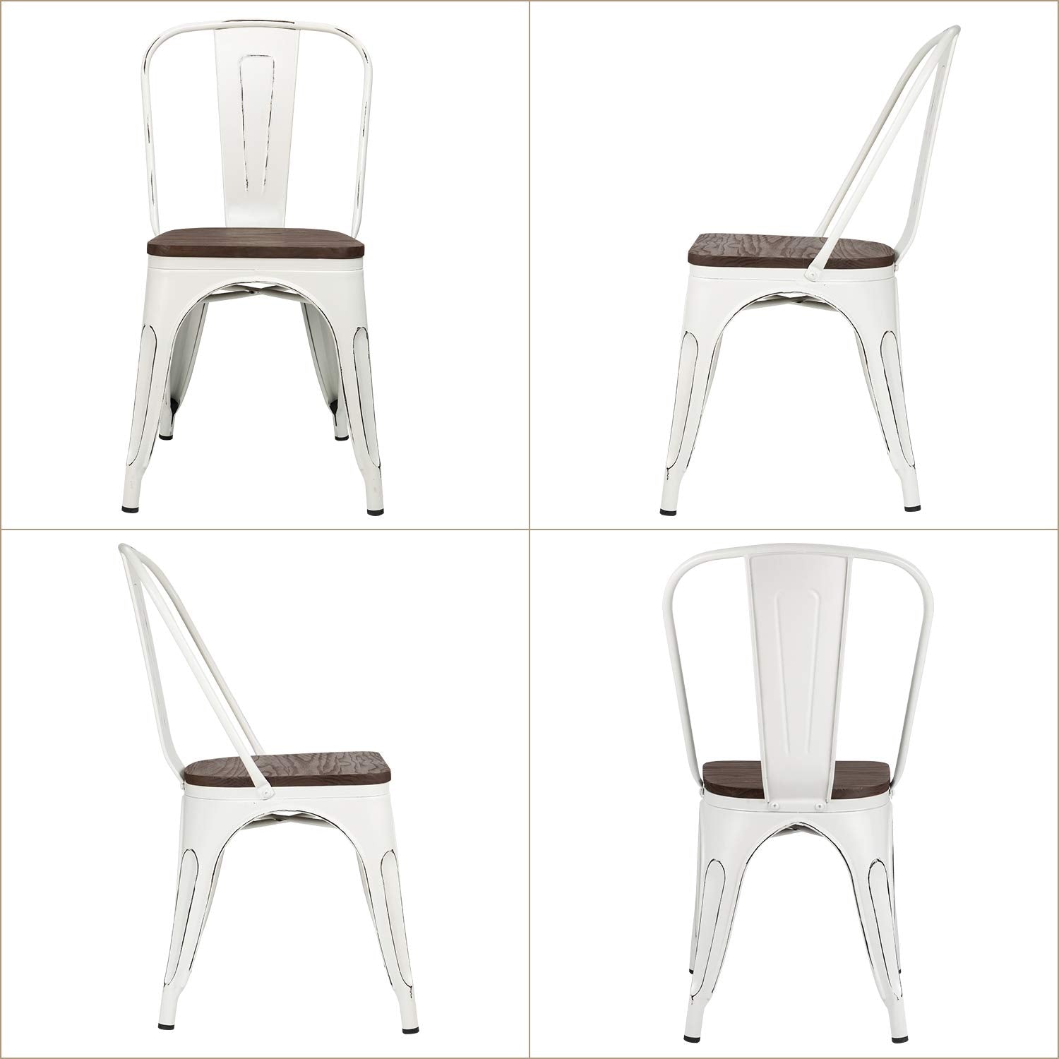 Furniwell Metal Dining Chairs with Wood Seat, Indoor Outdoor Use Stackable Tolix Industrial Metal Chairs Set of 4 for Kitchen, Dining Room, Bistro and Cafe (White) - WoodArtSupply