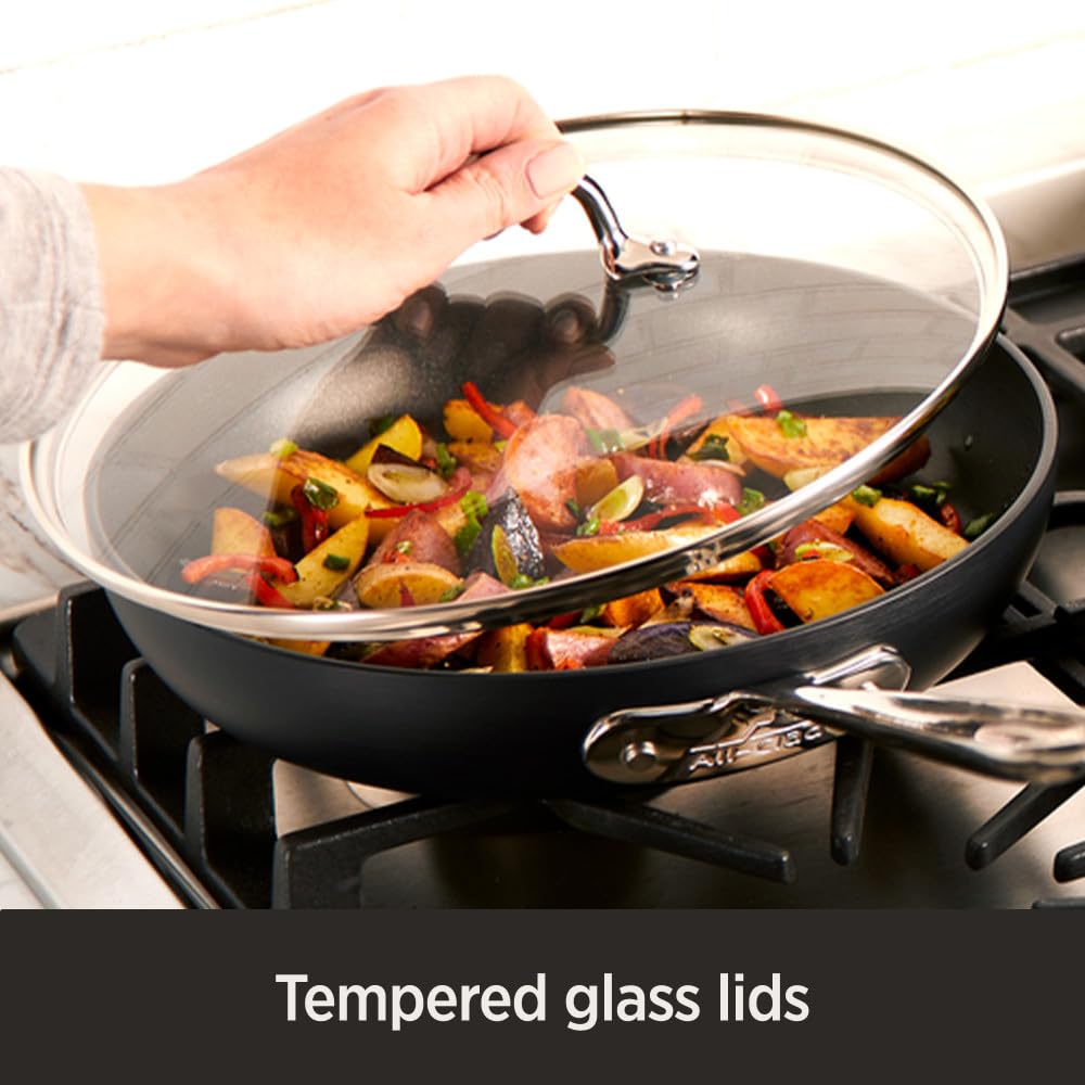 All-Clad HA1 Hard Anodized Non Stick Fry Pan Set 3 Piece, 8, 10, 12 Inch Frying Pans w/ Lid, Induction, Oven Broiler Safe 500F, Lid Safe 350F, Skillets, Pots and Pans Set Non Stick, Cookware, Black All-Clad