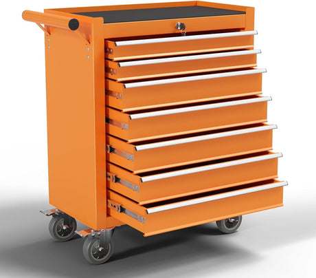OAKANDO 7-Drawer Metal Rolling Tool Chest with Wheels,Tool Storage Cabinet with Locking System，Toolbox with Wheels for Garage, Warehouse, Workshop, Repair Shop (Orange, 7-Drawer) OAKANDO