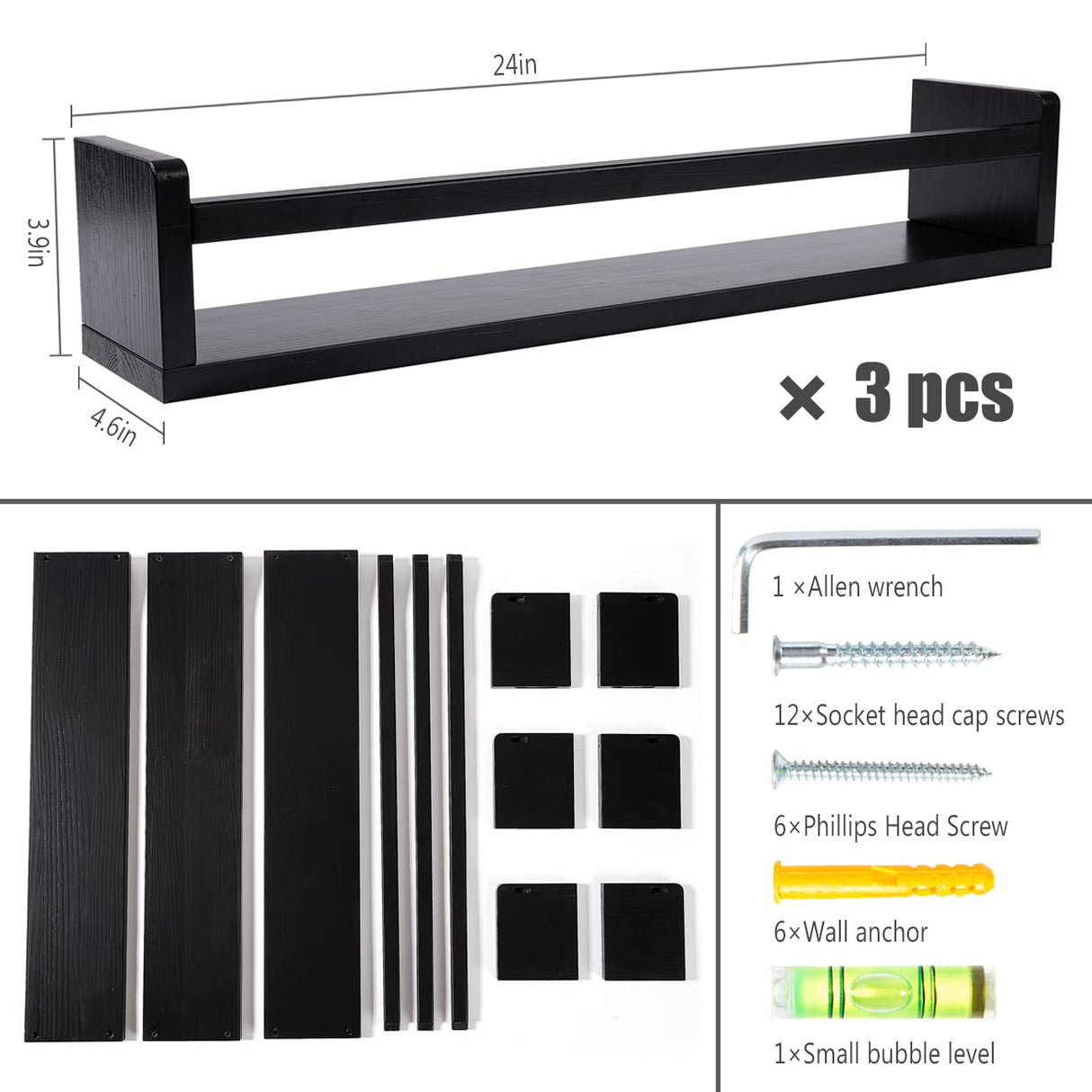 AZSKY Classic Nursery Book Shelves Black Wooden Floating Shelves Wall Bookshelf for Bathroom Decor Kitchen Spice Rack Organizer Kids Room 24 Inch Set of 3 AZSKY