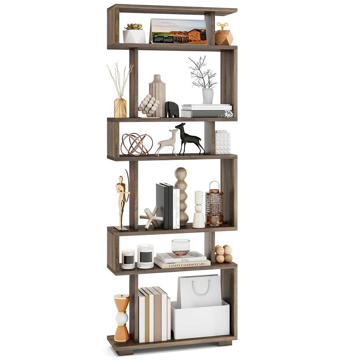 Tangkula 6-Tier S Shaped Bookcase, 64" Tall Modern Geometric Bookshelf with Anti-Tipping Kit, Home Office Freestanding Decorative Storage Display Shelf Room Divider for Living Room Study (1, Walnut) Tangkula