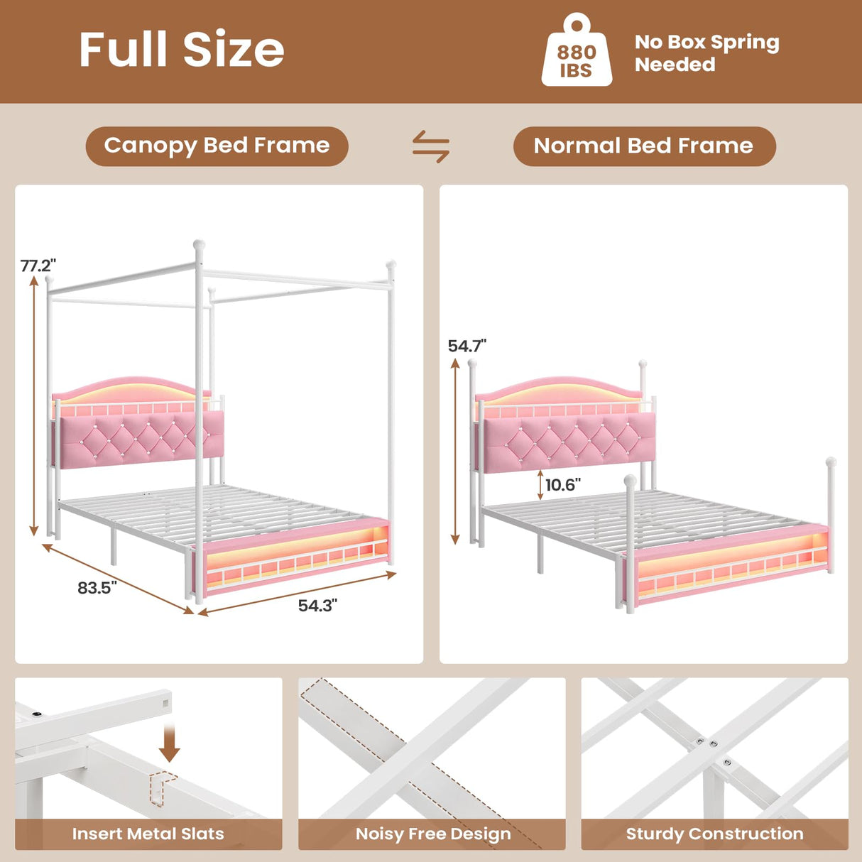 ADORNEVE Full Canopy Bed Frame with LED Lights and Charging Station, Velvet Upholstered Platform Bed for Girls,Headboard with Charging Station & Guardrail & Crystal Button,Pink ADORNEVE