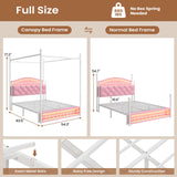 ADORNEVE Full Canopy Bed Frame with LED Lights and Charging Station, Velvet Upholstered Platform Bed for Girls,Headboard with Charging Station & Guardrail & Crystal Button,Pink ADORNEVE