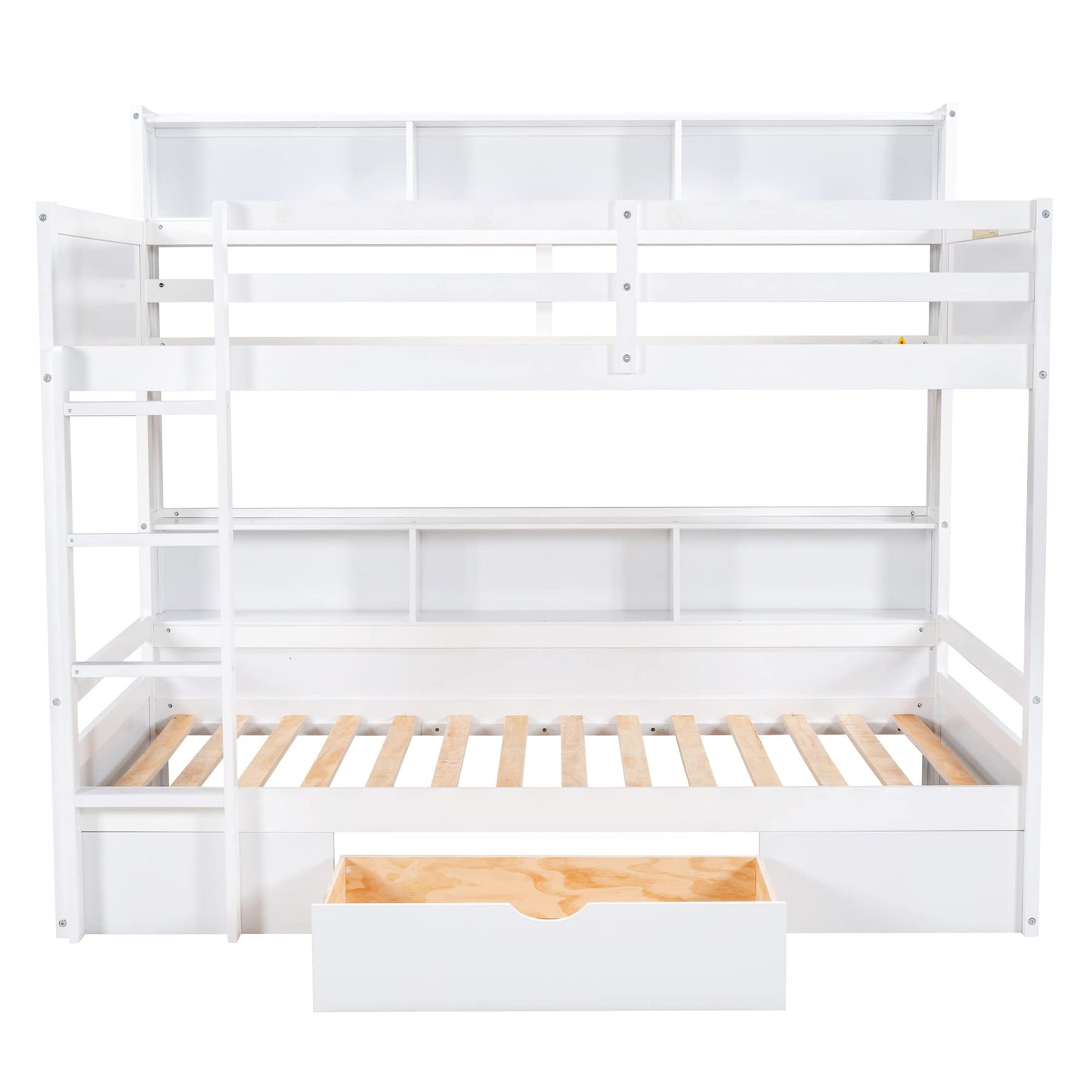 Twin Over Twin Solid Wood Bunk Bed with Storage Drawer and Built-in Shelves by Harper & Bright Designs in White - WoodArtSupply