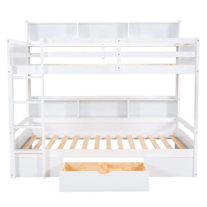 Twin Over Twin Solid Wood Bunk Bed with Storage Drawer and Built-in Shelves by Harper & Bright Designs in White - WoodArtSupply