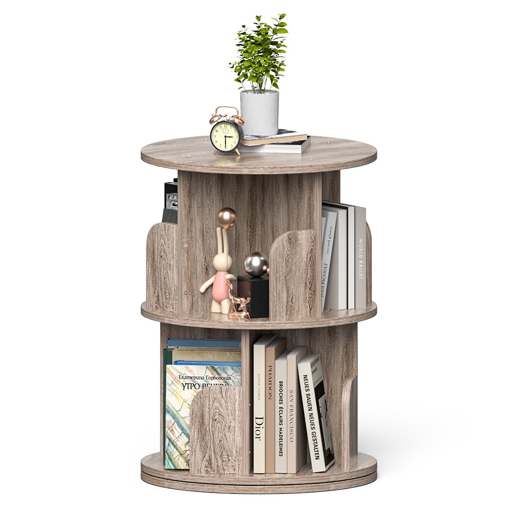 Nidouillet 2-Tier 360° Rotating Bookshelf - Space-Saving Grey Oak Round Bookcase for Adults - WoodArtSupply