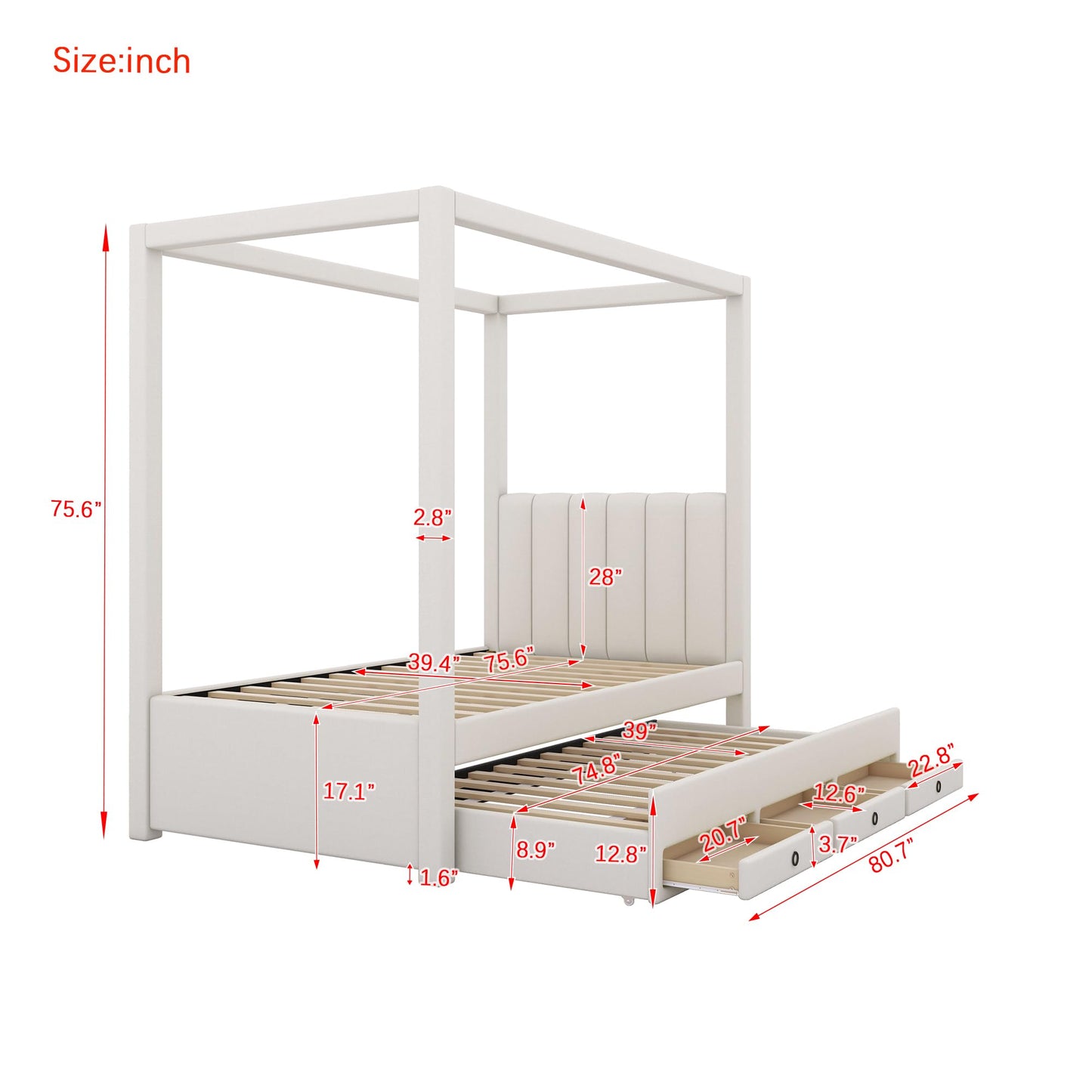 Harper & Bright Designs Twin Size Canopy Bed with Trundle and 3 Storage Drawers, Wood Twin Platform Bed, Linen Upholstery Twin Storage Bed Frame for Bedroom Guest Room, Beige