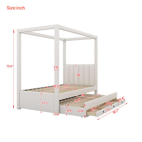 Twin Size Canopy Bed with Trundle and 3 Storage Drawers, Modern Upholstery Canopy Platform Bed with Backrest and Wood Slat Support, Beige Wood Canopy Bed for Kids Teens Adults (Twin) AYJOIR