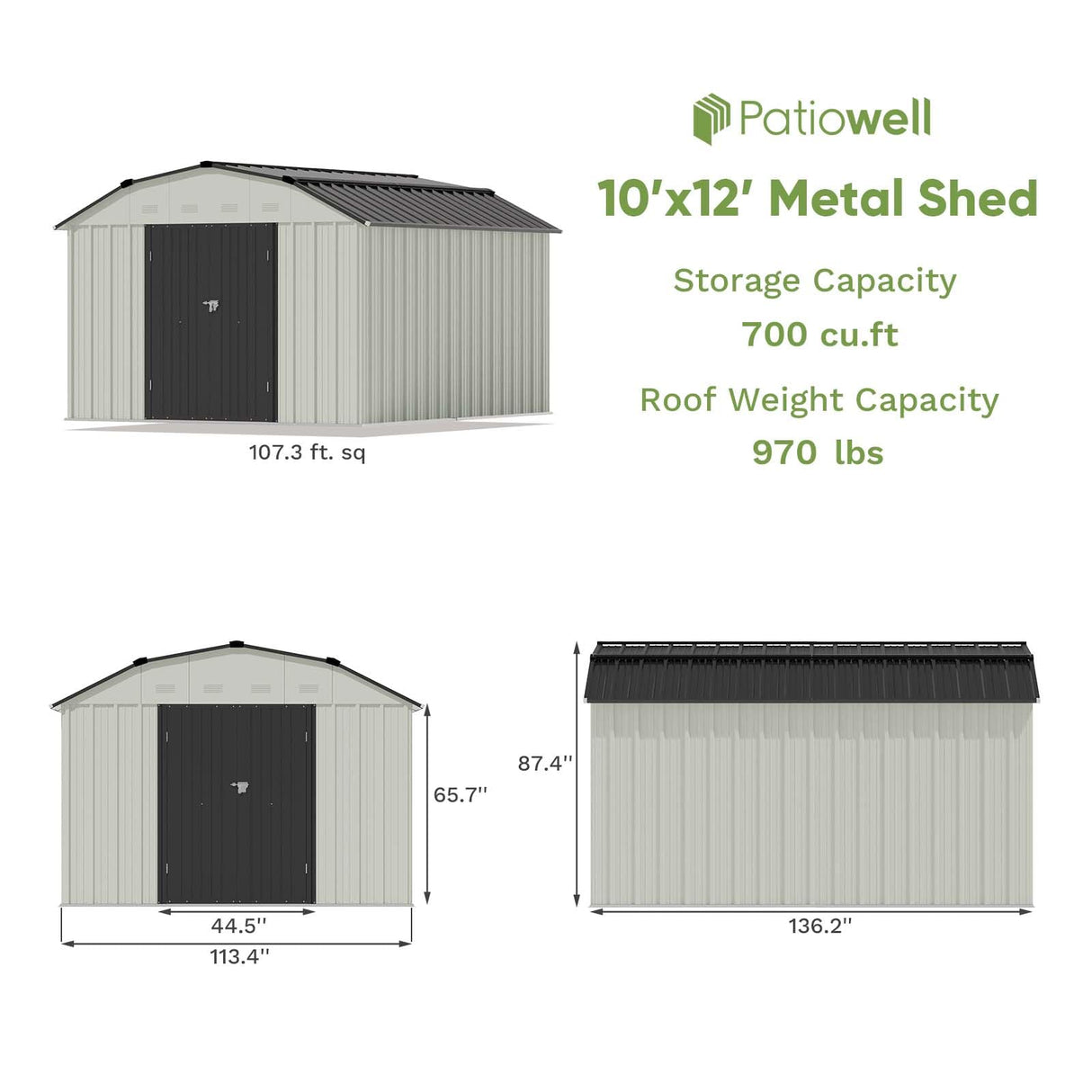 Patiowell 10 X 12 FT Barn Style Metal Storage Shed for Outdoor, Steel Yard Shed with Design of Lockable Doors, Utility and Tool Storage for Garden, Backyard, Patio, Outside Use Patiowell