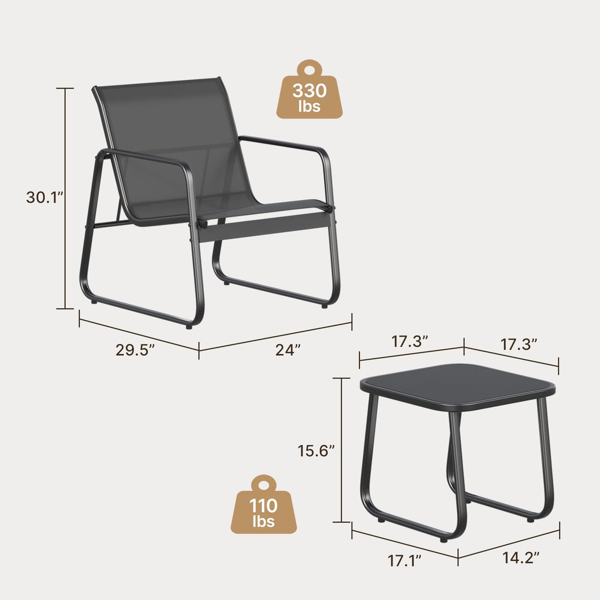 Gizoon Patio Chairs Set of 2, Patio Furniture Set with Metal Frame Glass Table, Outdoor Chairs Set of 2 for Balcony, Bistro Table and Chairs Set for Lawn, Black Gizoon