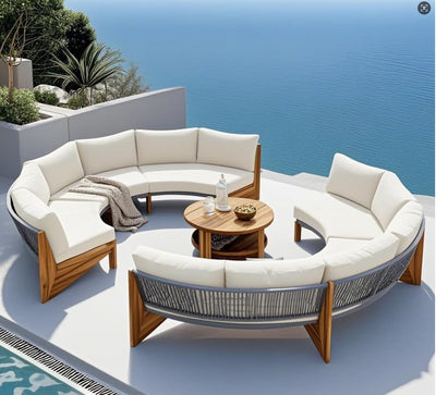 Quarte Outdoor Acacia Wood Round Sofa Set, Half-Moon Sectional Sets with Coffee Table,6-Person Seating Group for Garden, Deck (Beige/Half-Moon*A)