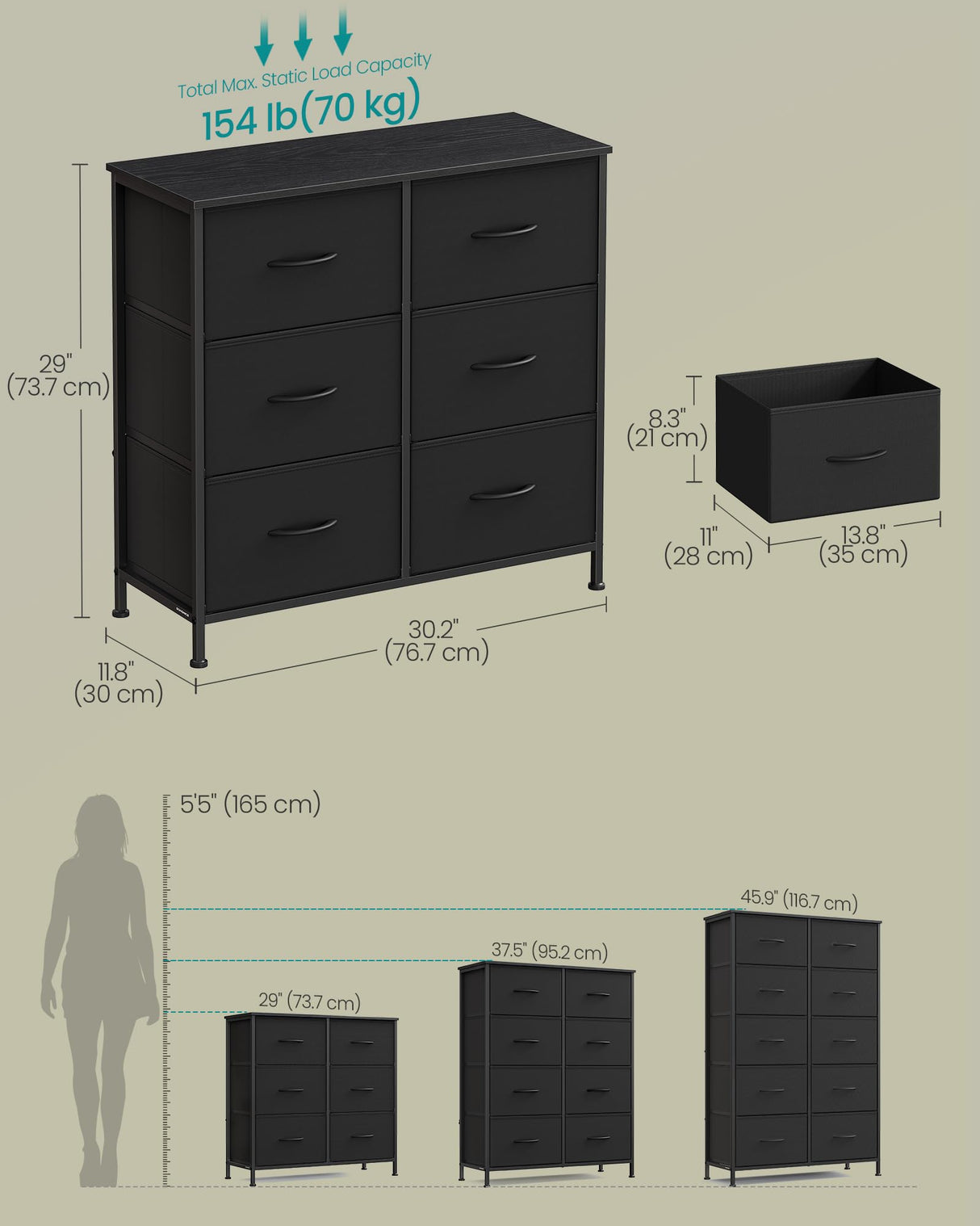 SONGMICS Dresser for Bedroom, Chest of Drawers, TV Stand, Steel, MDF, 6 Non-Woven Fabric Drawers, Storage Organizer Unit, Closet, Entryway, Ink Black and Ebony Black ULGS123B01S SONGMICS