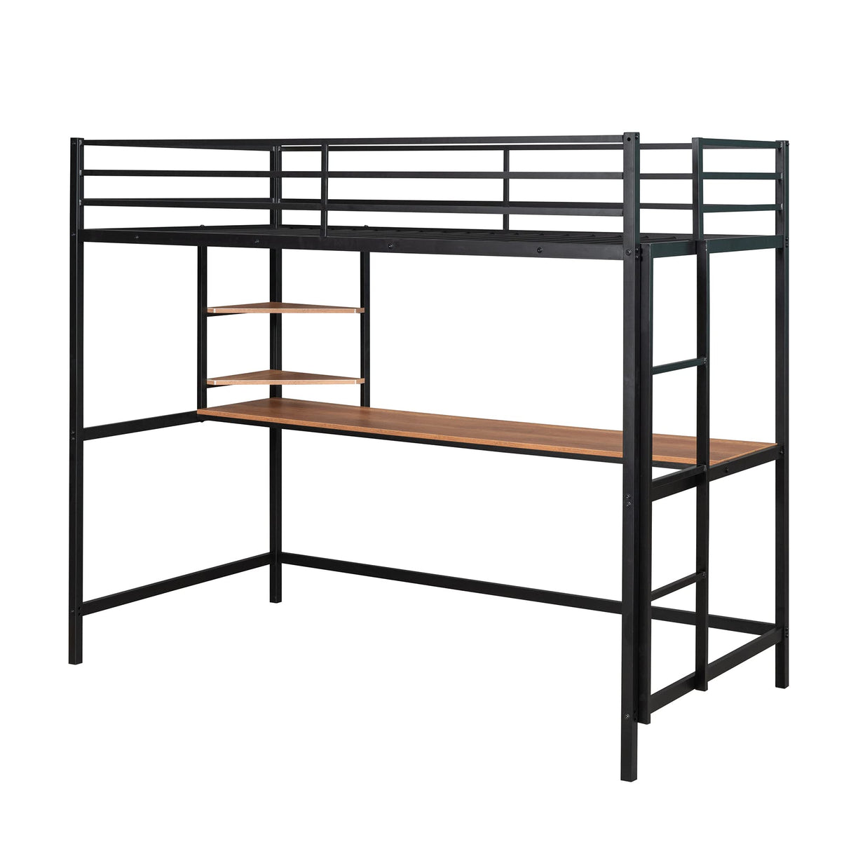 Metal Twin Size Loft Bed with Desk and Storage Shelves,Heavy Duty Loft Bed Frame with Safety Guardrail for Kids Boys Girls,Space Saving Twin,Black Bellemave