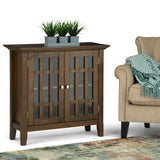 SIMPLIHOME Bedford SOLID WOOD 32 inch Wide Transitional Low Storage Media Cabinet in Rustic Natural Aged Brown, with 2 Tempered Glass Doors, 2 SIMPLIHOME