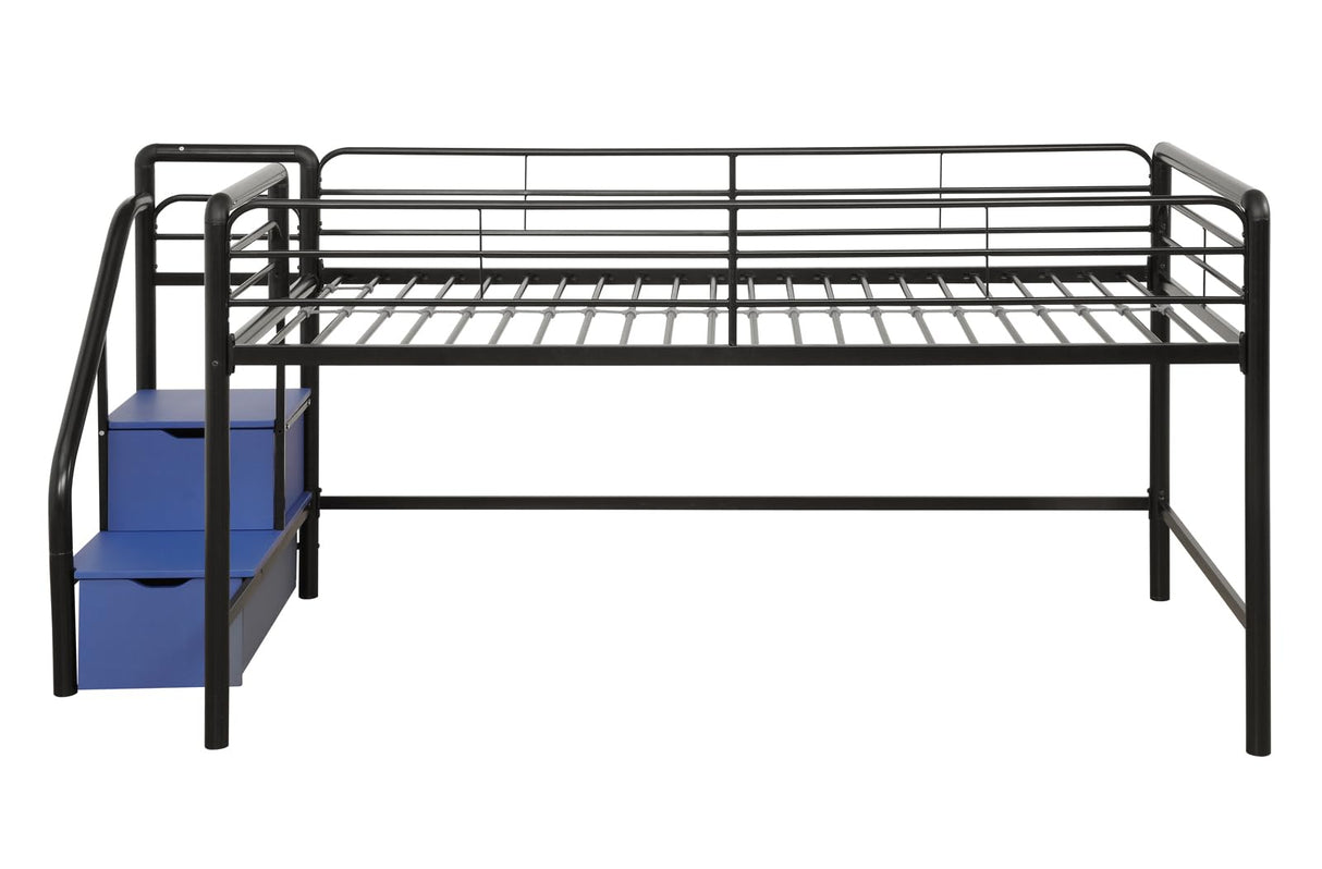 DHP Junior Twin Metal Loft Bed with Storage Steps, Multifunctional Space-Saving Solution - Black with Blue Steps DHP