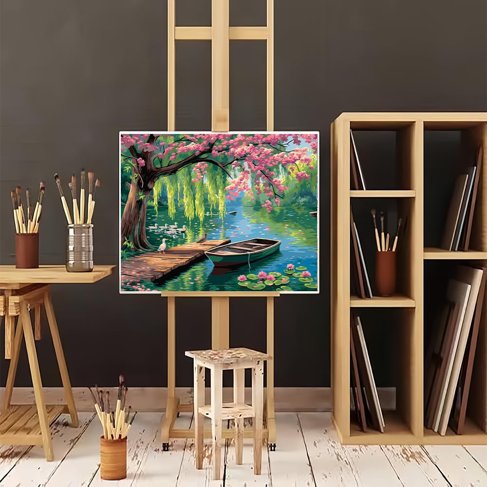 Natuyalo Paint by Numbers for Adults - DIY Adult Paint by Number Kits Painting on Canvas Willow Spring Landscape Painting by Numbers for Beginners, Lakeside Art Craft Kits for Adults (16x20 Inch) Natuyalo