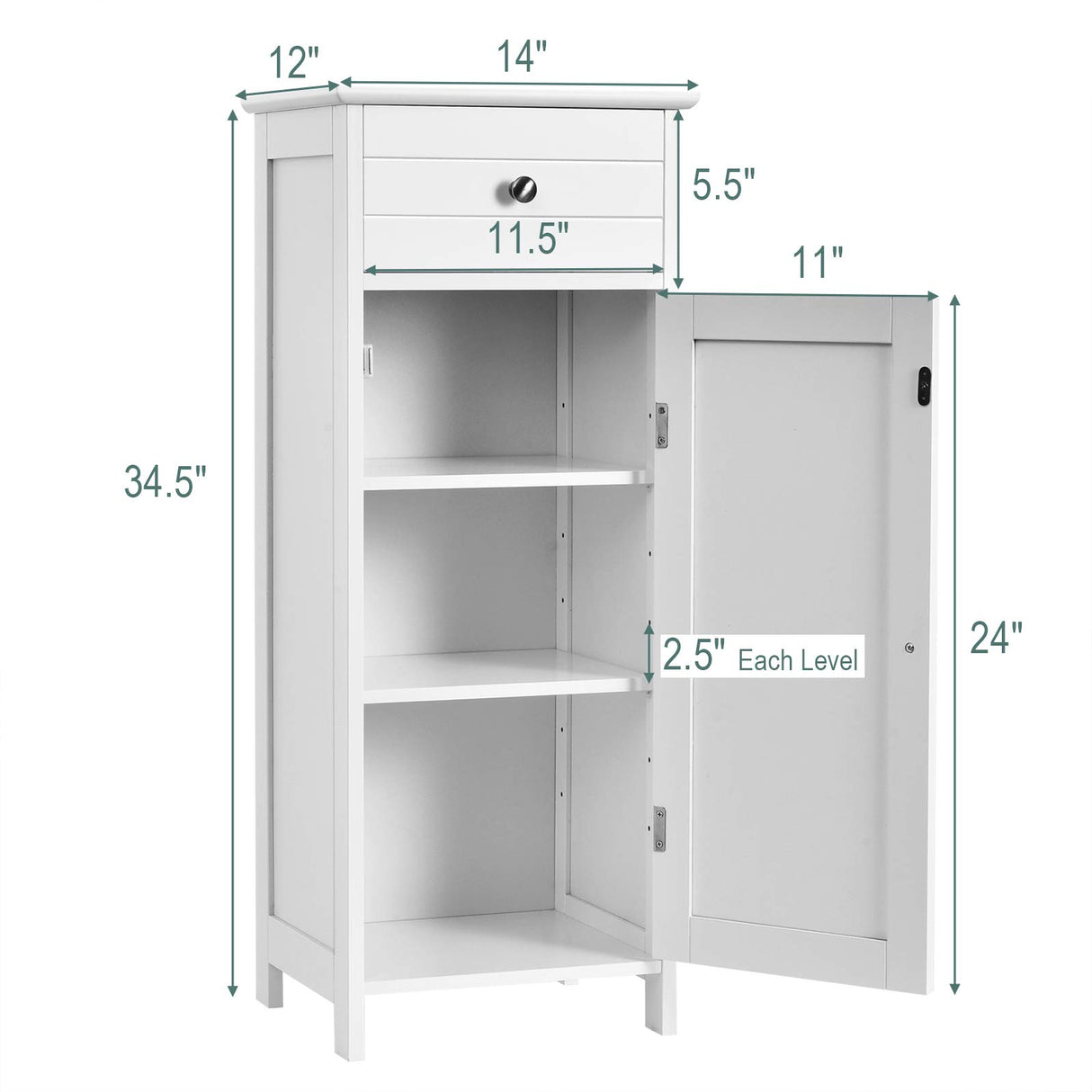 Tangkula White Wooden Bathroom Floor Cabinet with Large Drawer and Adjustable Shelves Tangkula