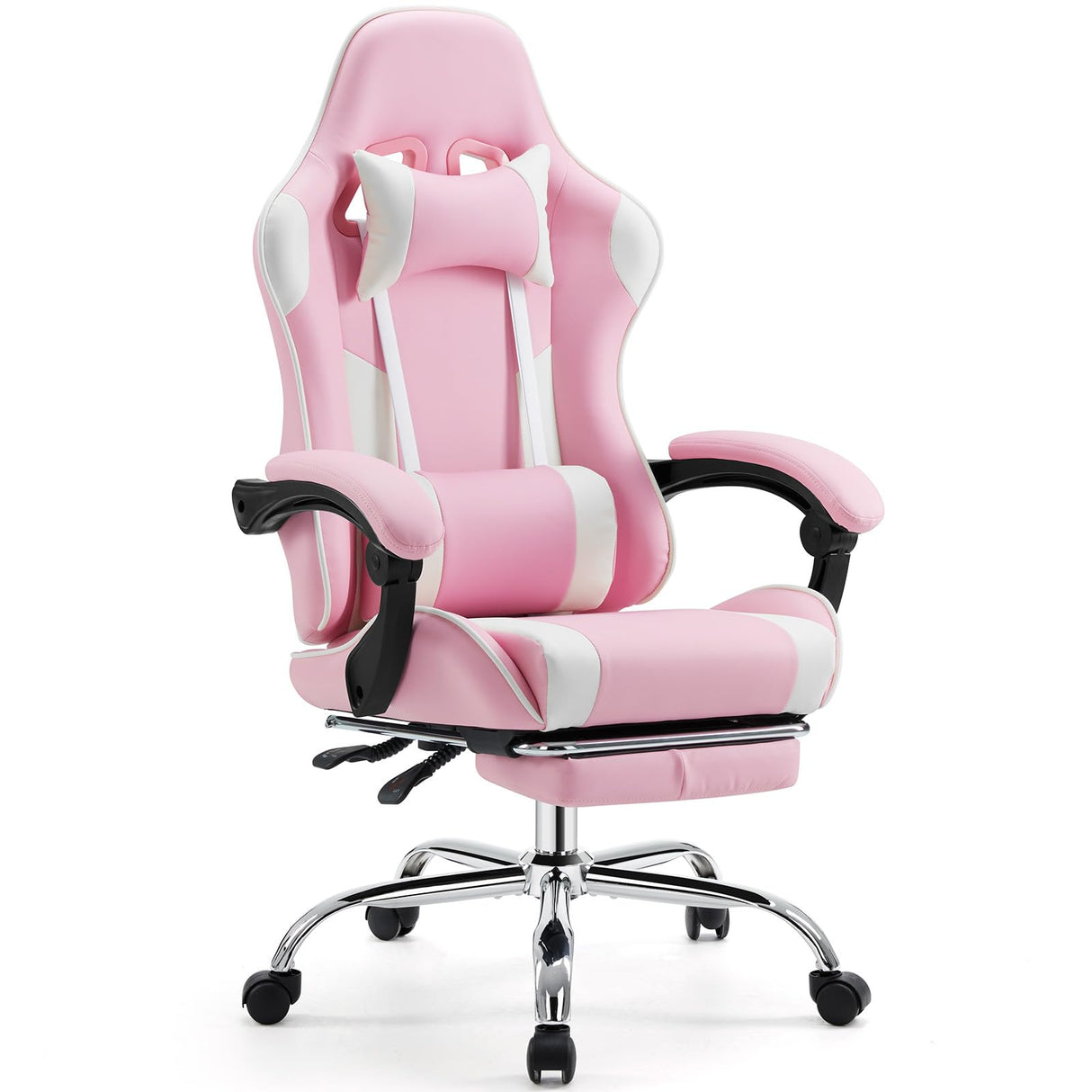 Sweetcrispy Video Game Desk Chair - Ergonomic Computer with Footrest and Comfy Lumbar Support, PU Leather Recliner with Headrest, Fixed Up Armrest, Height Adjustable with 360° Swivel, for Adults, Pink Sweetcrispy