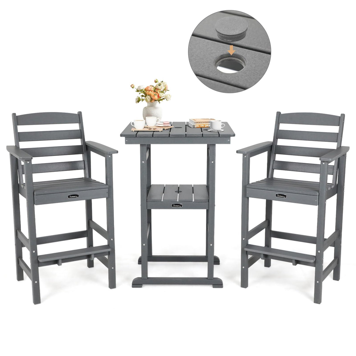 FUNBERRY Outdoor Bar Set with Umbrella Holes, Tall Adirondack Chairs and Table, All Weather HDPE Bar Height Outdoor Table and Chairs Set for Bistro Patio Balcony FUNBERRY