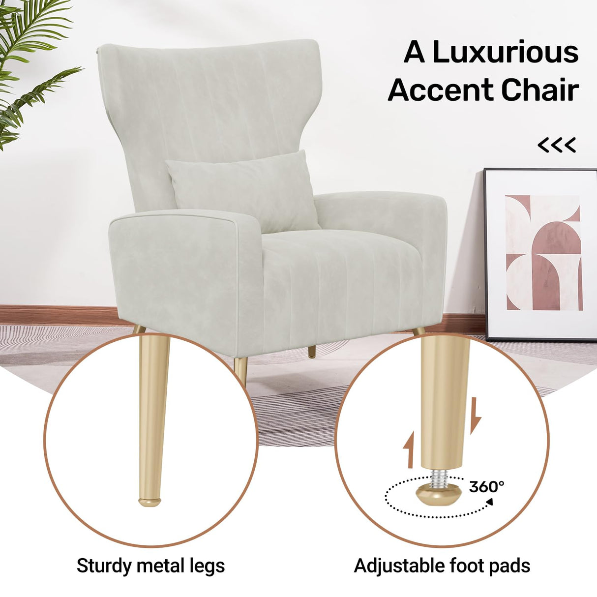 Nebuaegis Velvet Accent Chair Wingback for Living Room, High Back Arm Chair with Golden Legs Lumbar Pillow, Upholstered Single Sofa Bedroom Beige Nebuaegis
