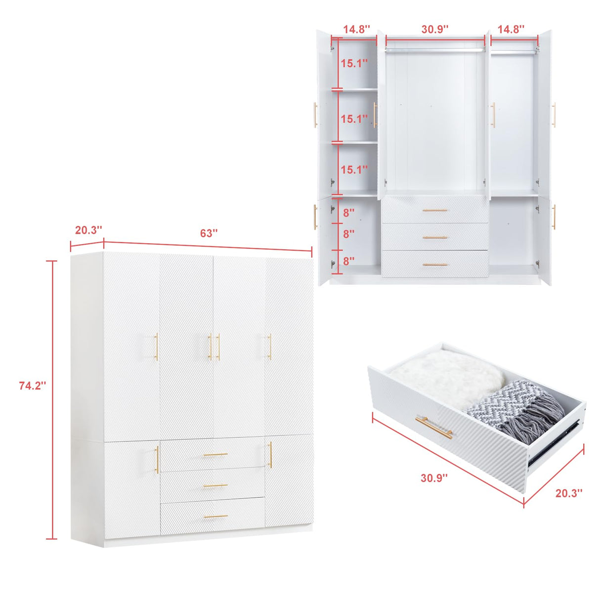 ModMakers 74.2"H Wooden 4 Doors 3 Drawers White Wood Wardrobe Closet Armoire Freestanding Closet Cabinet for Bedroom Bathroom Clothes Storage Closet Wardrobe with Hanging Rod, Wooden Clothes Organizer ModMakers