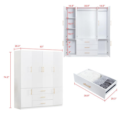 ModMakers 74.2"H Wooden 4 Doors 3 Drawers White Wood Wardrobe Closet Armoire Freestanding Closet Cabinet for Bedroom Bathroom Clothes Storage Closet Wardrobe with Hanging Rod, Wooden Clothes Organizer