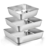 E-far 6/8/9-Inch Square Cake Pan Set, Stainless Steel Square Baking Brownie Pans Metal Bakeware Set of 3, Non-toxic & Healthy, Easy Clean & Dishwasher Safe E-far
