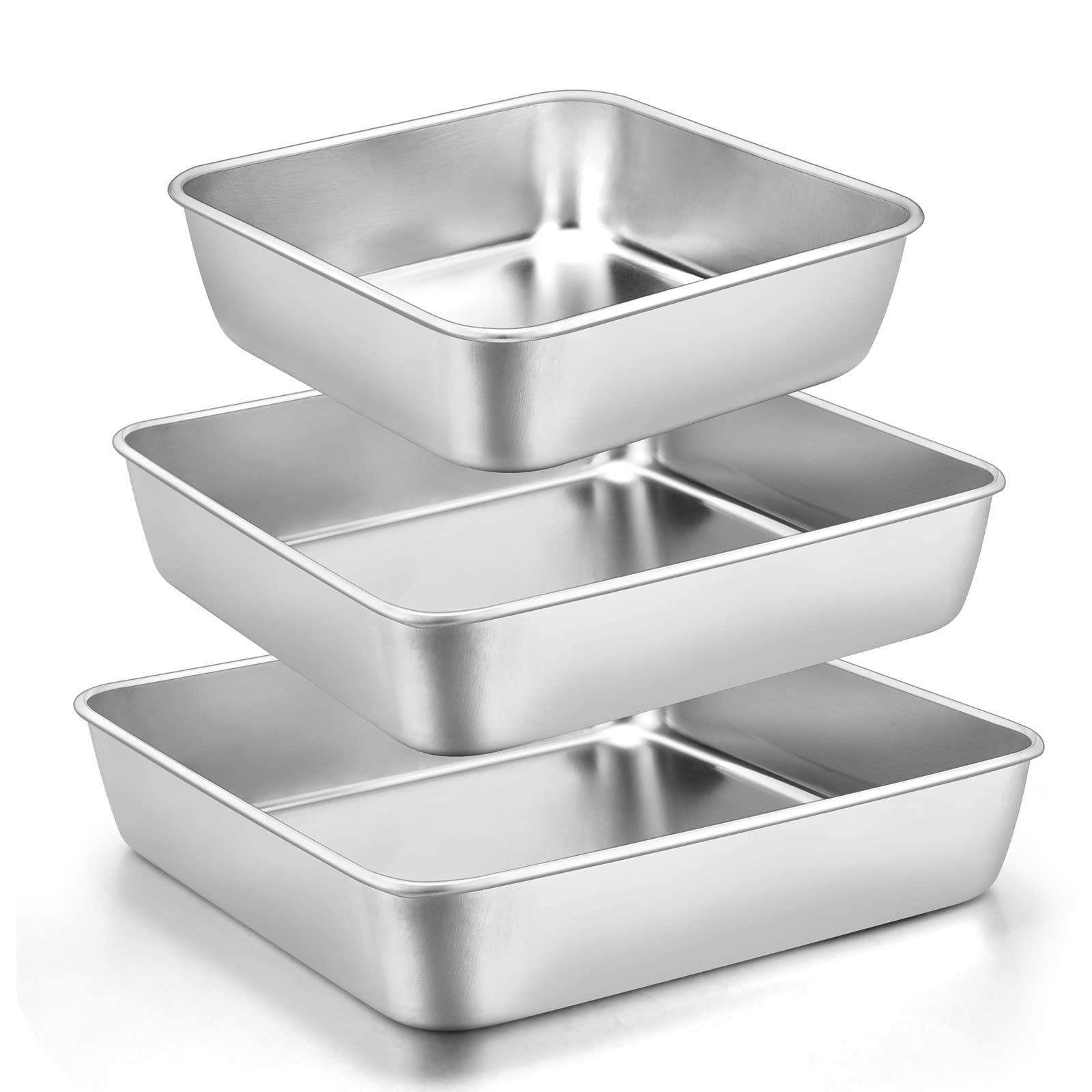 E-far 6/8/9-Inch Square Cake Pan Set, Stainless Steel Square Baking Brownie Pans Metal Bakeware Set of 3, Non-toxic & Healthy, Easy Clean & Dishwasher Safe - WoodArtSupply