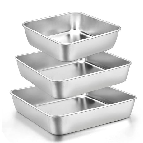 E-far 6/8/9-Inch Square Cake Pan Set, Stainless Steel Square Baking Brownie Pans Metal Bakeware Set of 3, Non-toxic & Healthy, Easy Clean & Dishwasher Safe E-far