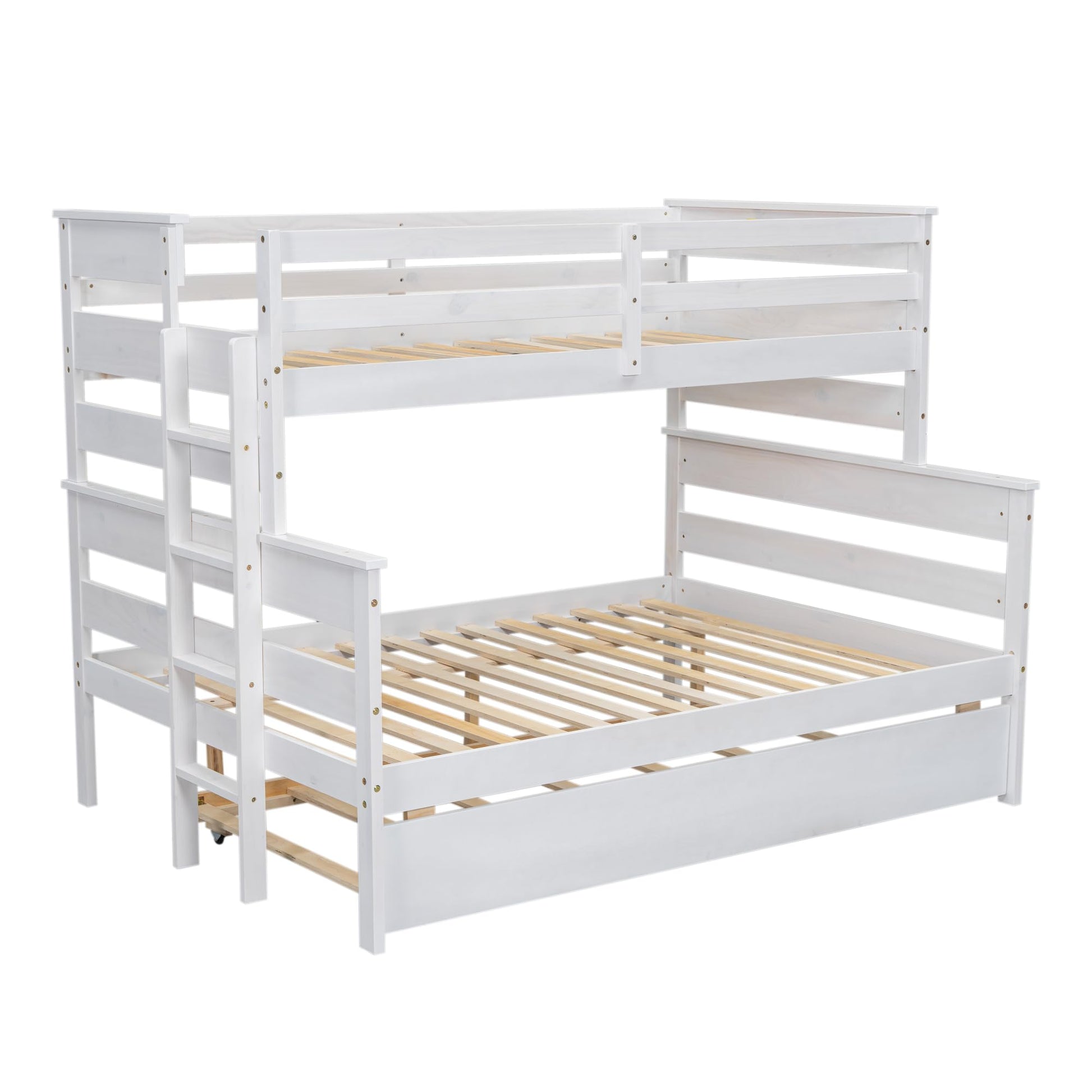 Linique Twin Over Full Bunk Bed with Trundle - White Wooden Frame, Ladder & Guardrails - WoodArtSupply