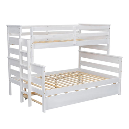 Linique Twin Over Full Bunk Bed with Trundle - White Wooden Frame, Ladder & Guardrails - WoodArtSupply