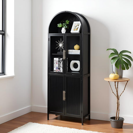 HUSHEDIFY Arched Bookcase Book Shelf with Glass Doors, 5 Tier Tall Display Bookshelf Cabinet with Storage, Industrial Floor Standing Bookshelves Open bookcases for Home Office, Living Room(Black) HUSHEDIFY