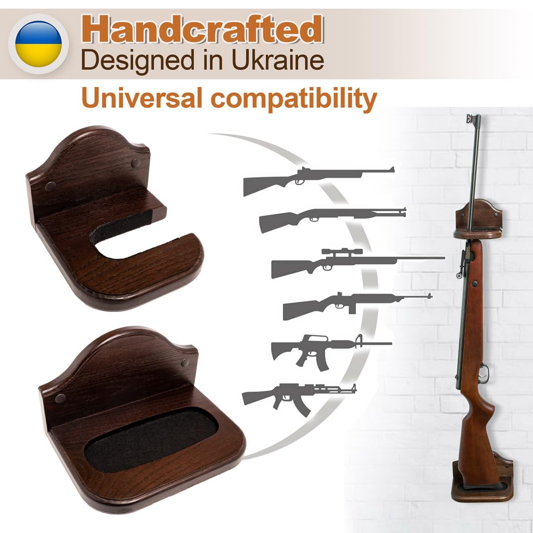 TESLYAR Gun Rack Holder Wall Mount Hold Up Displays Vertical Gun Rack and Shotgun Hooks Store Rifle Shotgun Bow Real Hardwood Hanger Brown TESLYAR
