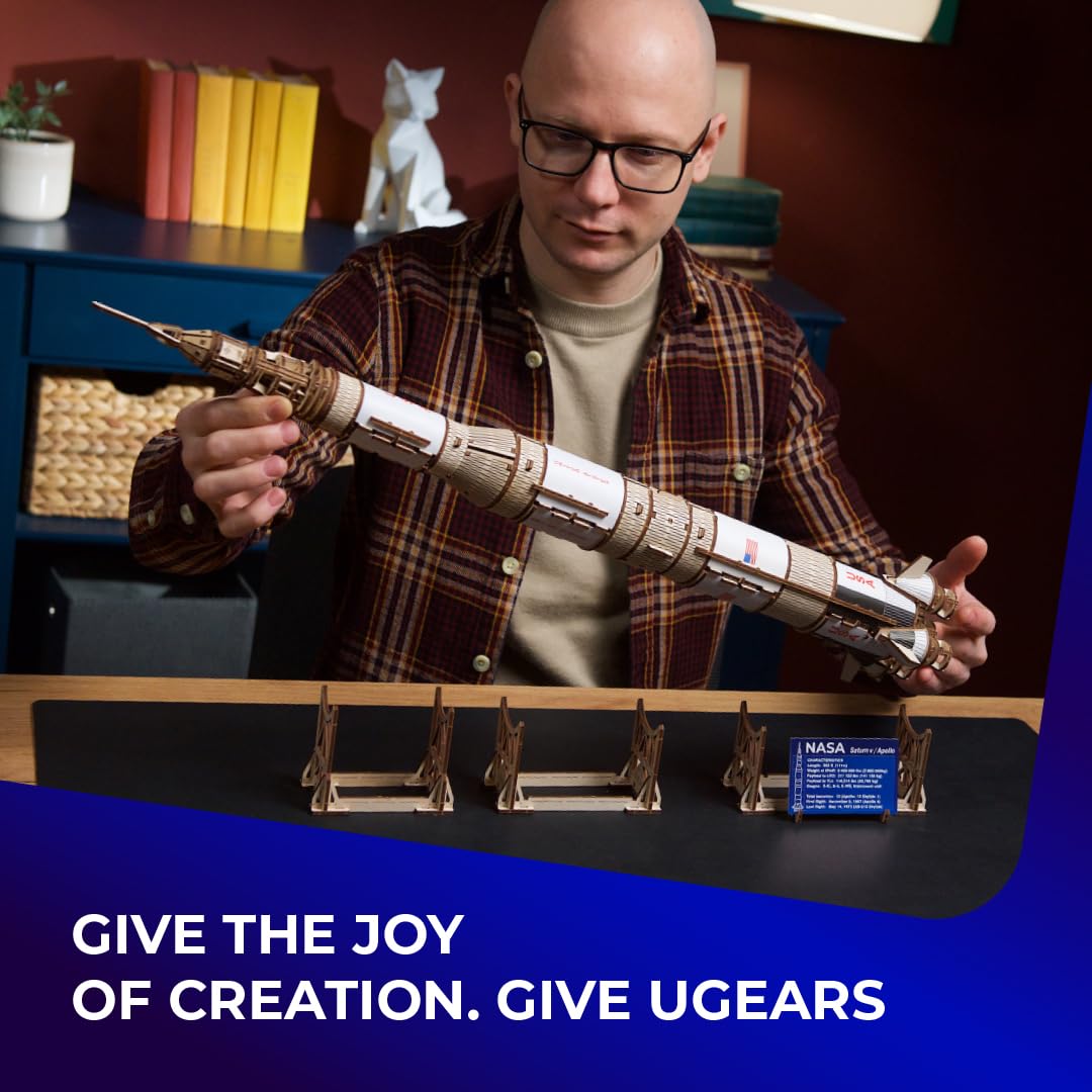 UGEARS NASA Saturn V Model Rocket Kit - Space Ship Model Kits for Adults - 3D Wooden Space Shuttle Building Puzzles - Rocketship Spacecraft 3D Wood Puzzle UGEARS