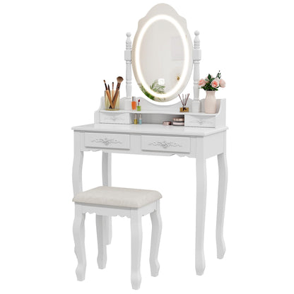 Vanity Desk with Mirror and Lights, Modern Vanity Makeup Table and Cushioned Stool Set with 4 Drawers, 3 Color Lighting Modes with Adjustable Brightness, Dressing Table Set for Bedroom (White - WoodArtSupply