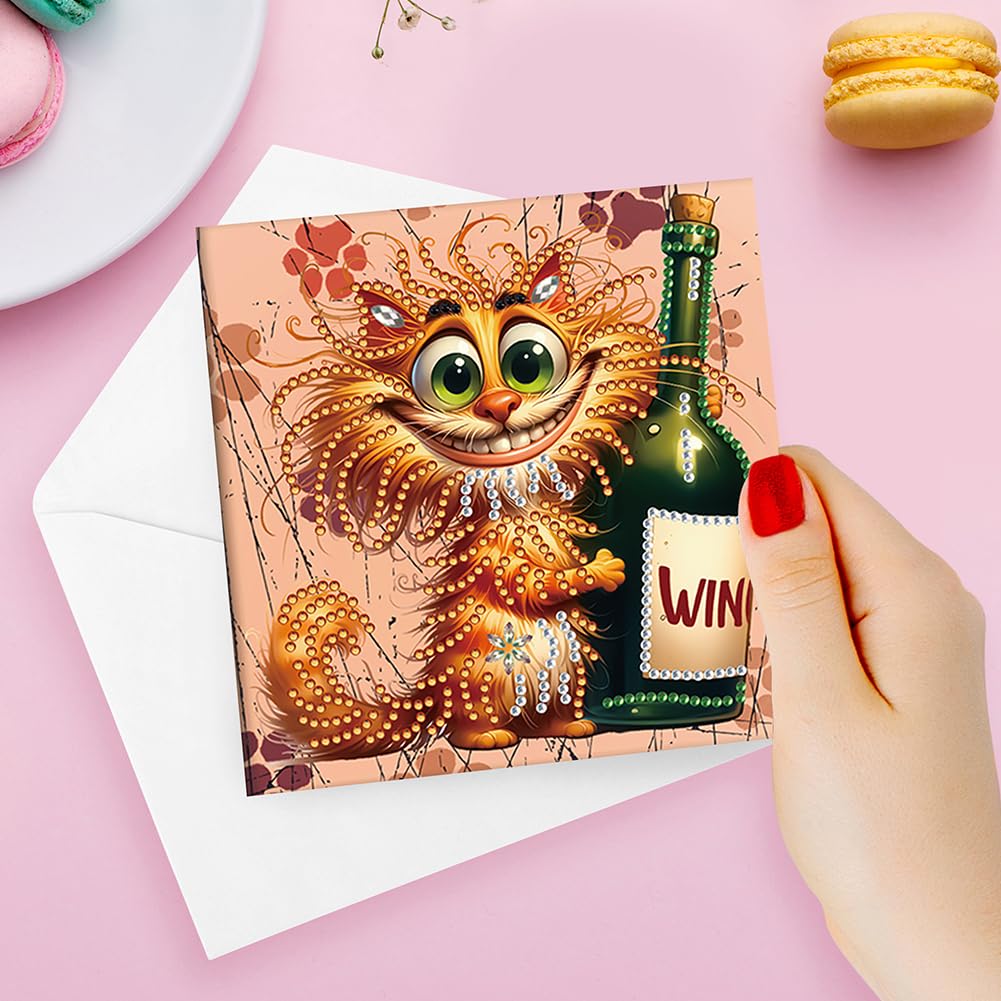 Ceitura 6Pcs Catoon Cat with Wine DIY Diamond Art Painting Crafts Rhinestone Painting Making Greeting Card Making Kit Postcard for Holiday Christmas New Year Party Favors 11.81 * 5.91 inch C'eitura
