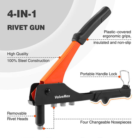 ValueMax 4-in-1 Hand Riveter/Rivet Gun, Pop Rivet Tool Kit with 200 Rivets - 3/32-inch, 1/8-inch, 5/32-inch, 3/16-inch, 4 Interchangeable Nosepieces, Suitable for Metal ValueMax